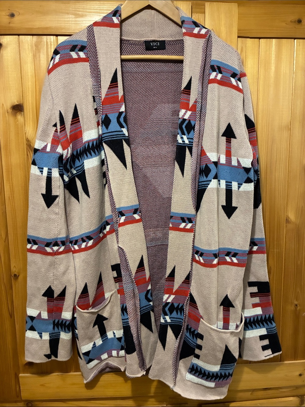 VICI Beige Aztec-Print Open Cardigan with Blue & Red Accents 100% Cotton